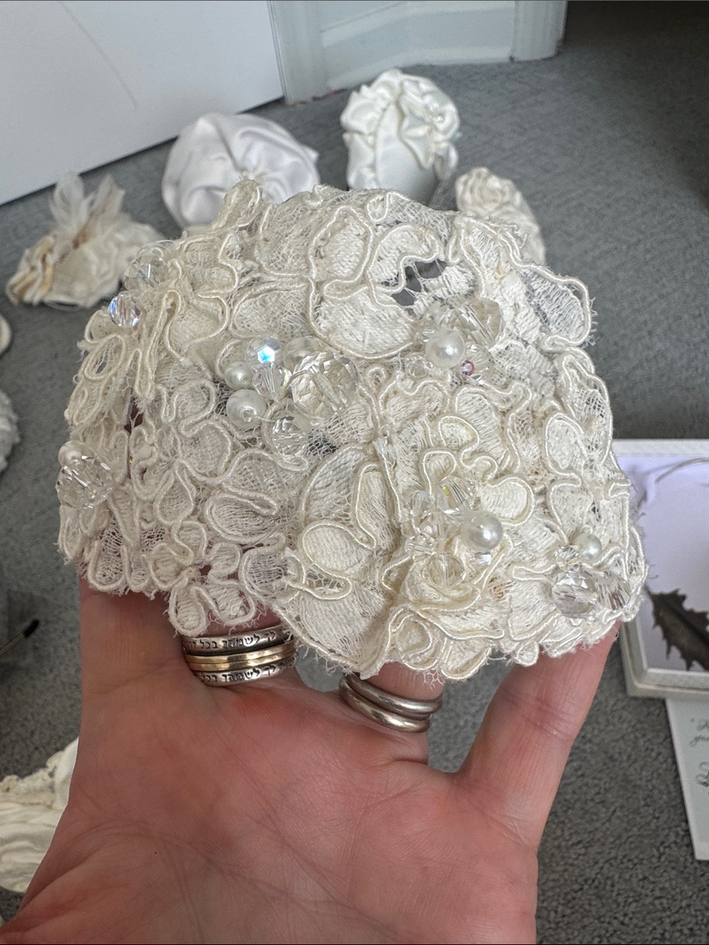 Ivory Lace Floral Bridal Hairpiece with Pearls and Crystals